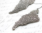 Silver Wing Earrings, Long Dangle, Antique Silver, Grey Pixie Wings, Filigree Angel Wings, Lightweight  Faerie, Romantic Jewelry - apocketofposies