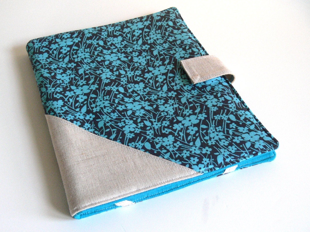 Tablet Cover -- Aqua and Navy Flowers with Linen -- fits iPad, ready to ship