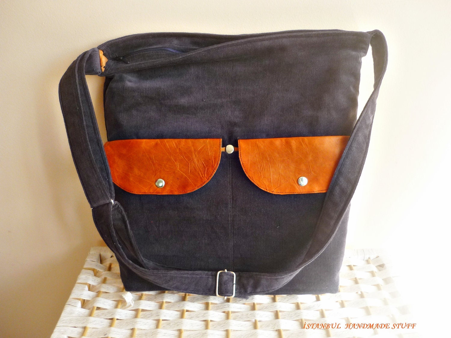 Charcoal Gray Corduroy Messenger Bag with Burnt Orange Leather Covers /Zippered Closure / Adjustable strap/Unisex-MADE TO ORDER