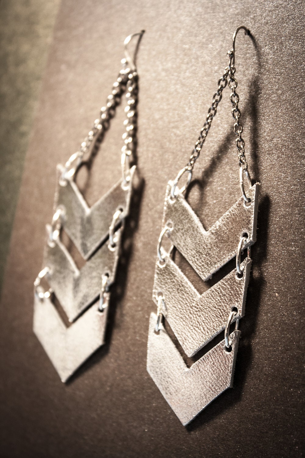 Scout Chevron Earrings, Genuine Leather, Metallic Silver, Chains, Sterling Silver, Nickel Free, Hypoallergenic, gift for her