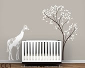 Baby Floral Giraffe and Spring Tree Wall Decal - White, dark brown and other colors - Mural Baby Nursery Wall Decor