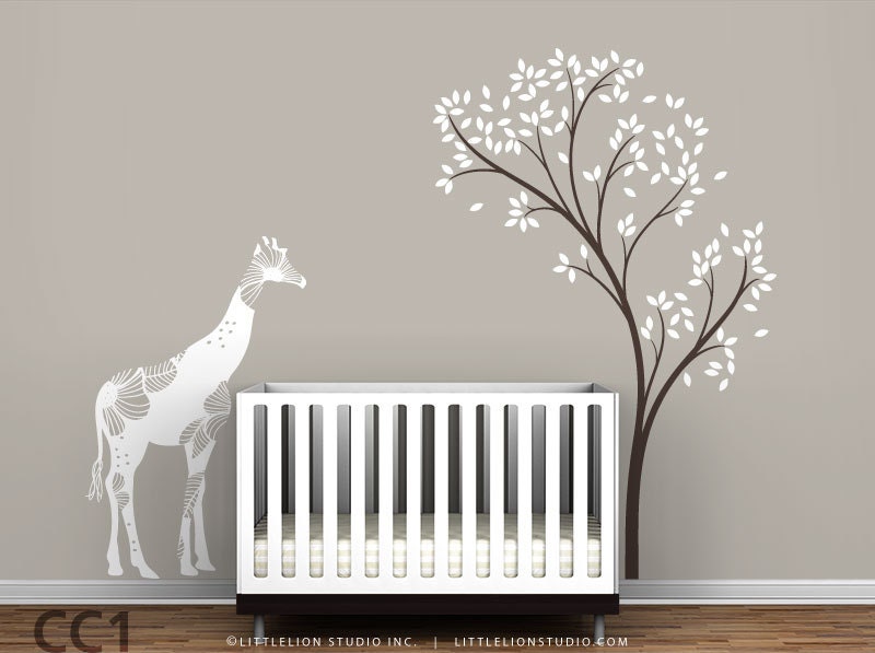 Baby Floral Giraffe and Spring Tree Wall Decal - White, dark brown and other colors - Mural Baby Nursery Wall Decor