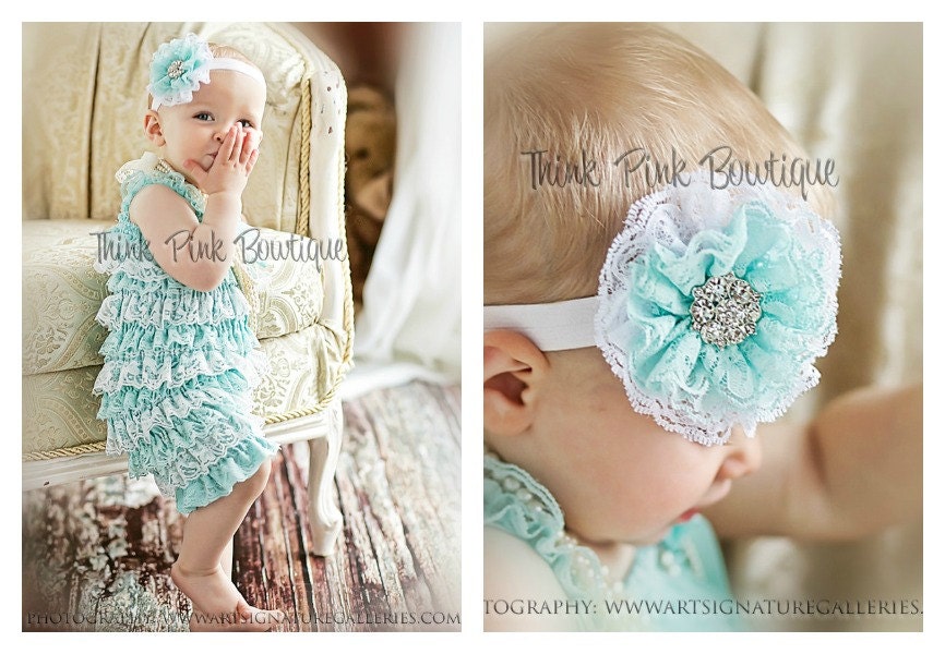 Aqua & White petti lace romper and headband SET, petti romper,baby headband, flower headband,vintage inspired headband and lace petti romper