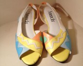Open toe Pastel shebert yellow peach mint blue aztec abstract  Print Wedges sandals Slingbacks Heels Flats shoes 80s 90s  7/6.5