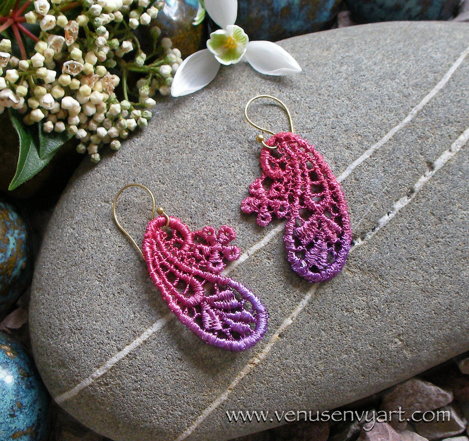 Venice Lace Earrings - Paisley & Flower Lace Appliques in Red-Violet Ombre - Lace Jewelry
