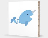 N for Narwhal : ABC Block Bamboo Wall Art Series // Alphabet Kids Wall Art Nursery Room Decor Animal Art 4 x 4