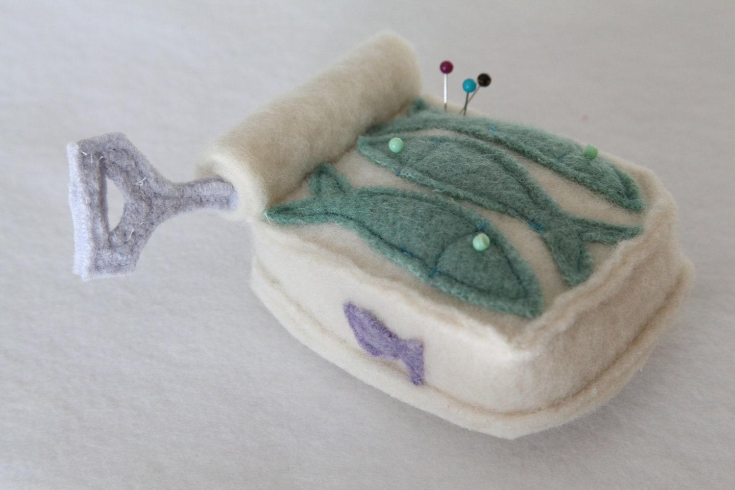 can of sardines pin cushion - recycled felted wool