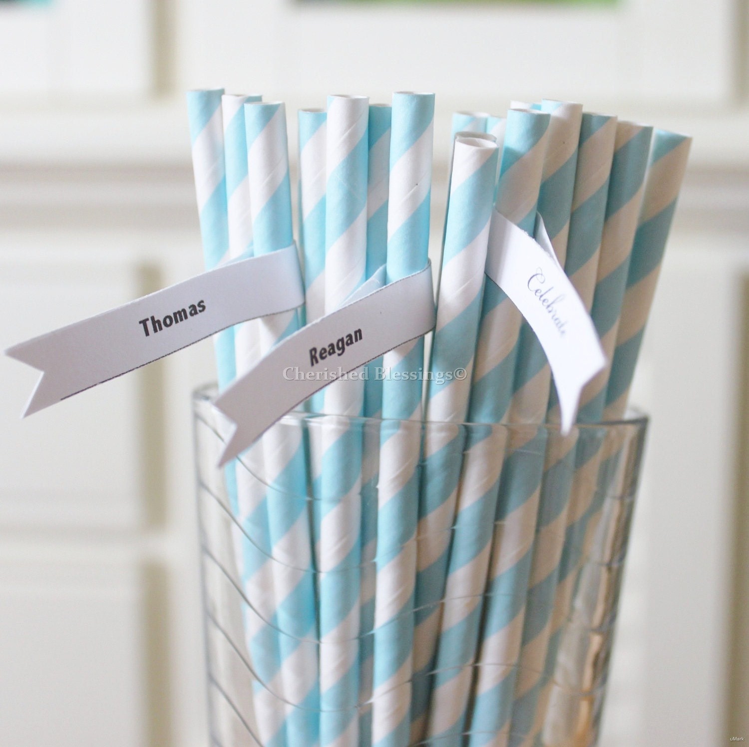 25 Blue Paper Straws Baby Light Stripe Retro Vintage Style Carnival Circus Wedding Birthday Bridal Baby Shower W/ Printable Flags I Created Il_170x135