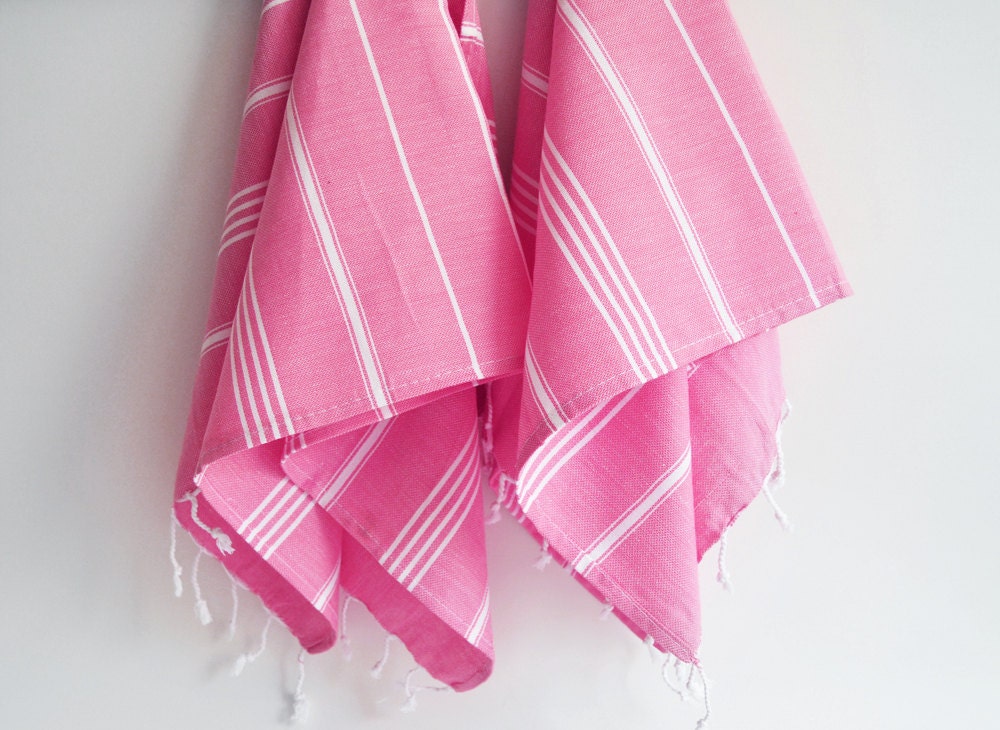 SET 2 Head and Hand Towel Peshkir - Pink (white striped)