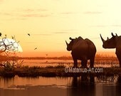 Black White Rhino Rhinoceros Digital Art Sunset Romantic 11x17 panoramic print