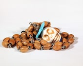 Skull Necklace Pendant Necklace Upcycled Wood Rosary Beads Day Of The Dead Skull OOAK