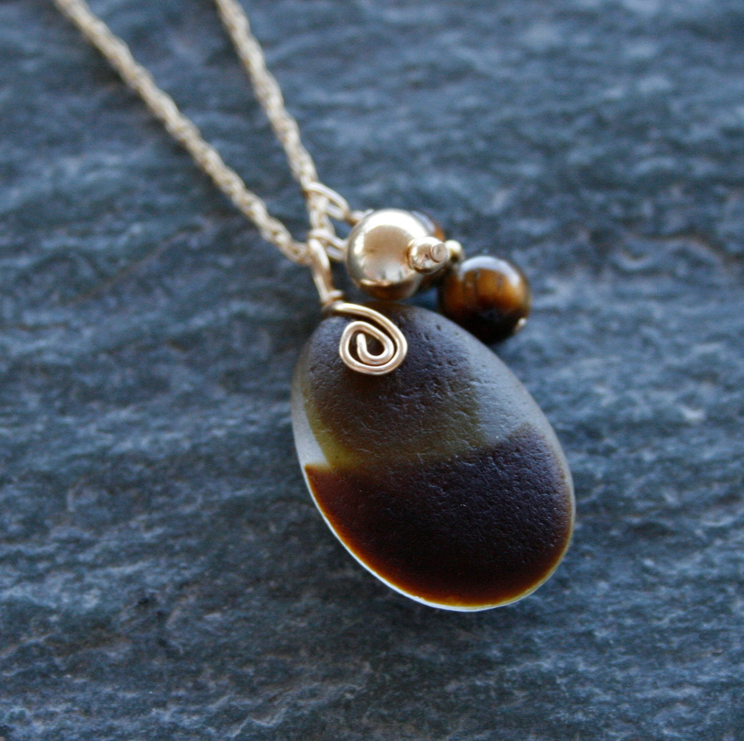 Sea Glass Jewelry Shades of Brown End of Day Necklace Tigers Eye 14K Gold Fill