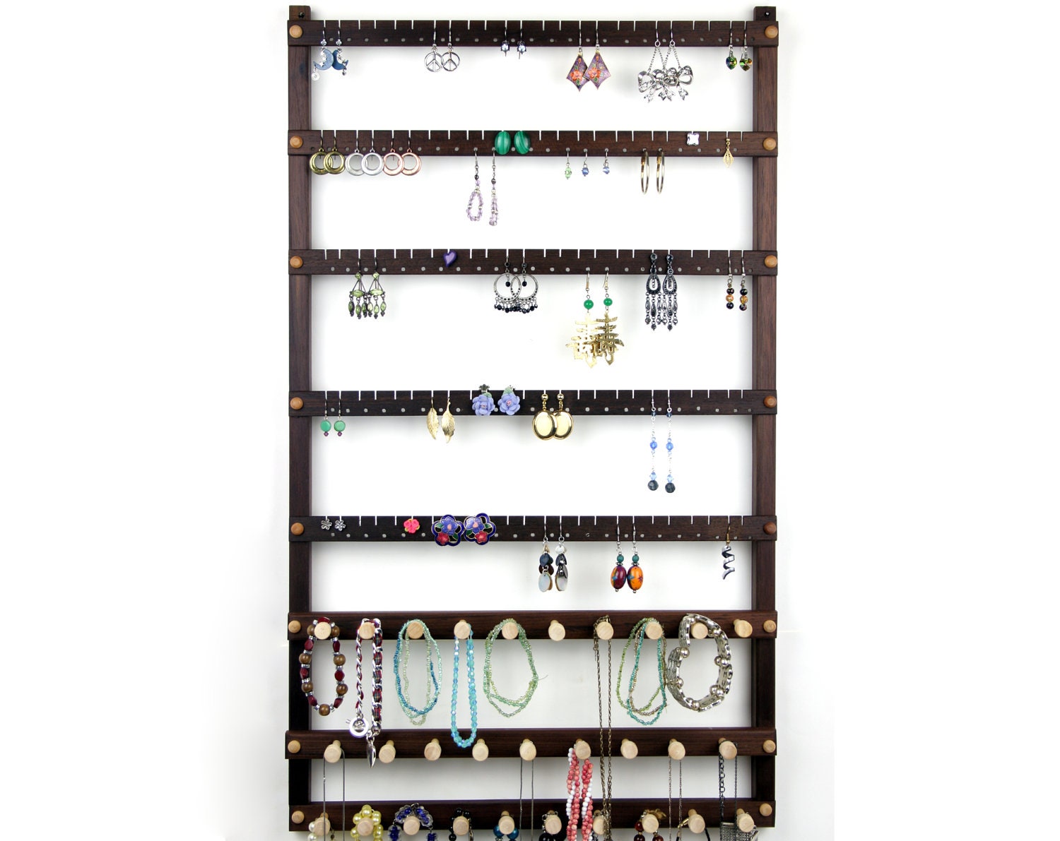 Extra-Large, Wooden, Peruvian Walnut Jewelry Display.  Holds 120 Pairs Plus 29 Pegs.  Wall Mount Earring Holder - Jewelry Holder.