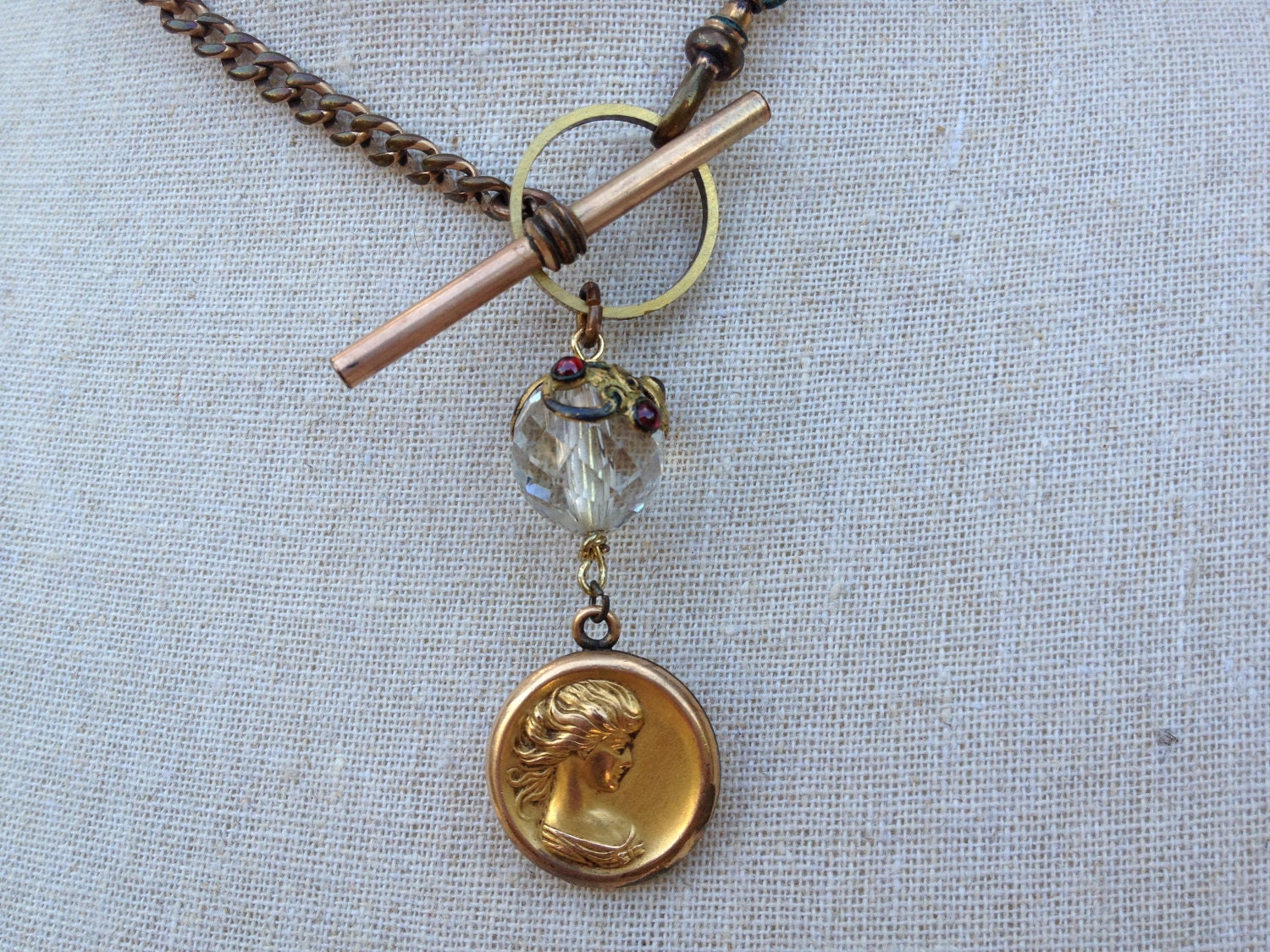 Antique Victorian Lady Locket Assembled watch chain necklace altered ooak