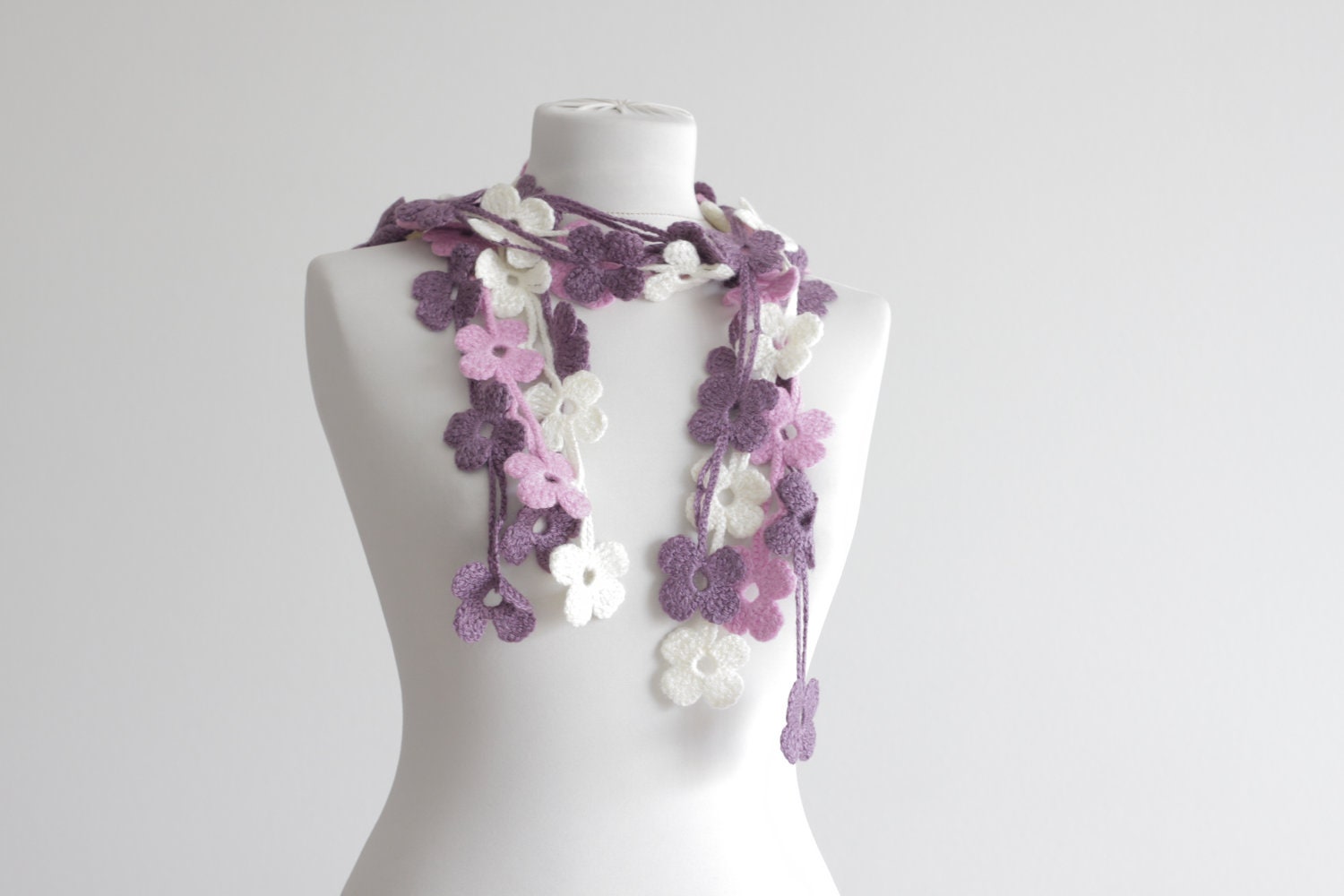 Lariat Scarf in purple, cream and pink, Women Crochet scarf, Floral Lariat, Fall Accessories, Handmade Neck accessory