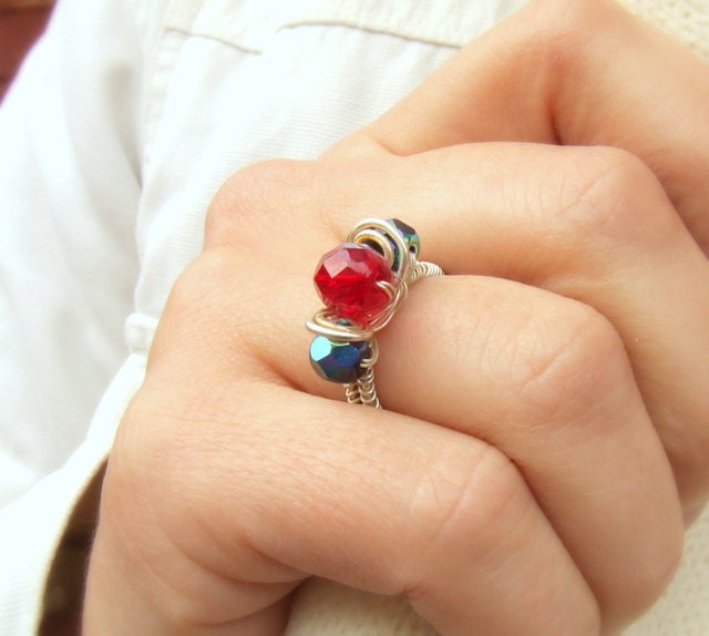 Red black cocktail ring, silver plated ring, adjustable jewelry