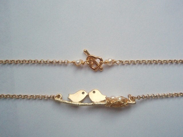 Sweet Love kissing Birds on a Branch Necklace with a wire wrapped nest of eggs  - Matte Gold - Bohemian Necklace - Mother's Day gift