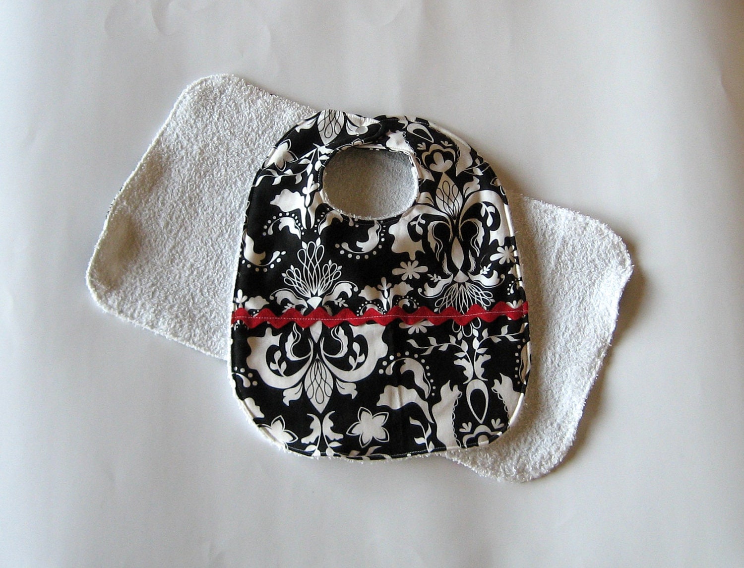 Bib and Burp cloth Set, Black and White Boutique, Red Rick-Rack, Ready to Ship