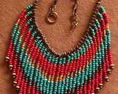 PRICE REDUCED Native American tribal style fringed necklace in cranberry red, teal and bronze
