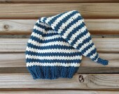 two-stripe newborn long tail baby hat photo prop antique teal and ivory