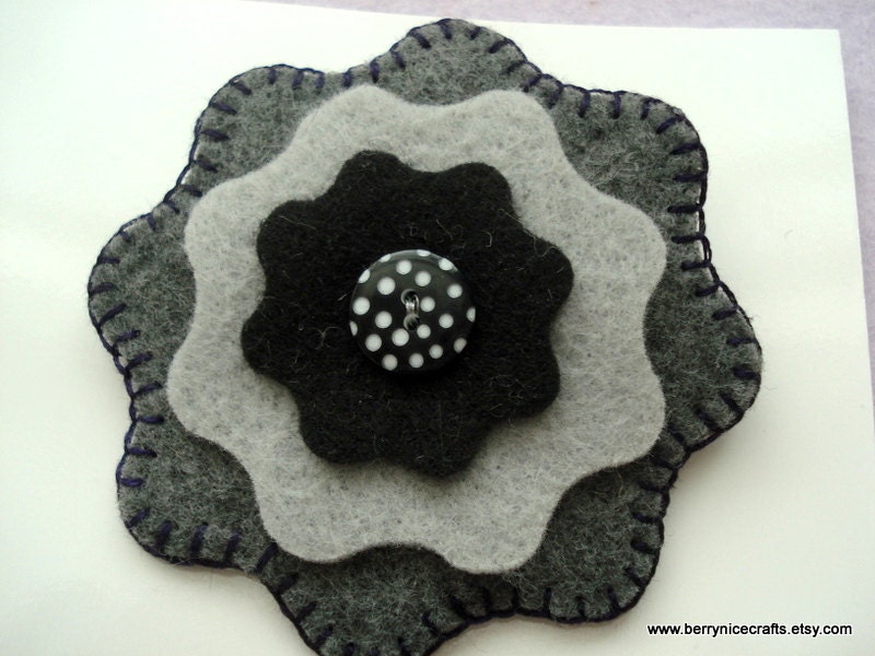 Felt Brooch Layered Flower Brooch Black Flower Brooch Grey Flower Brooch