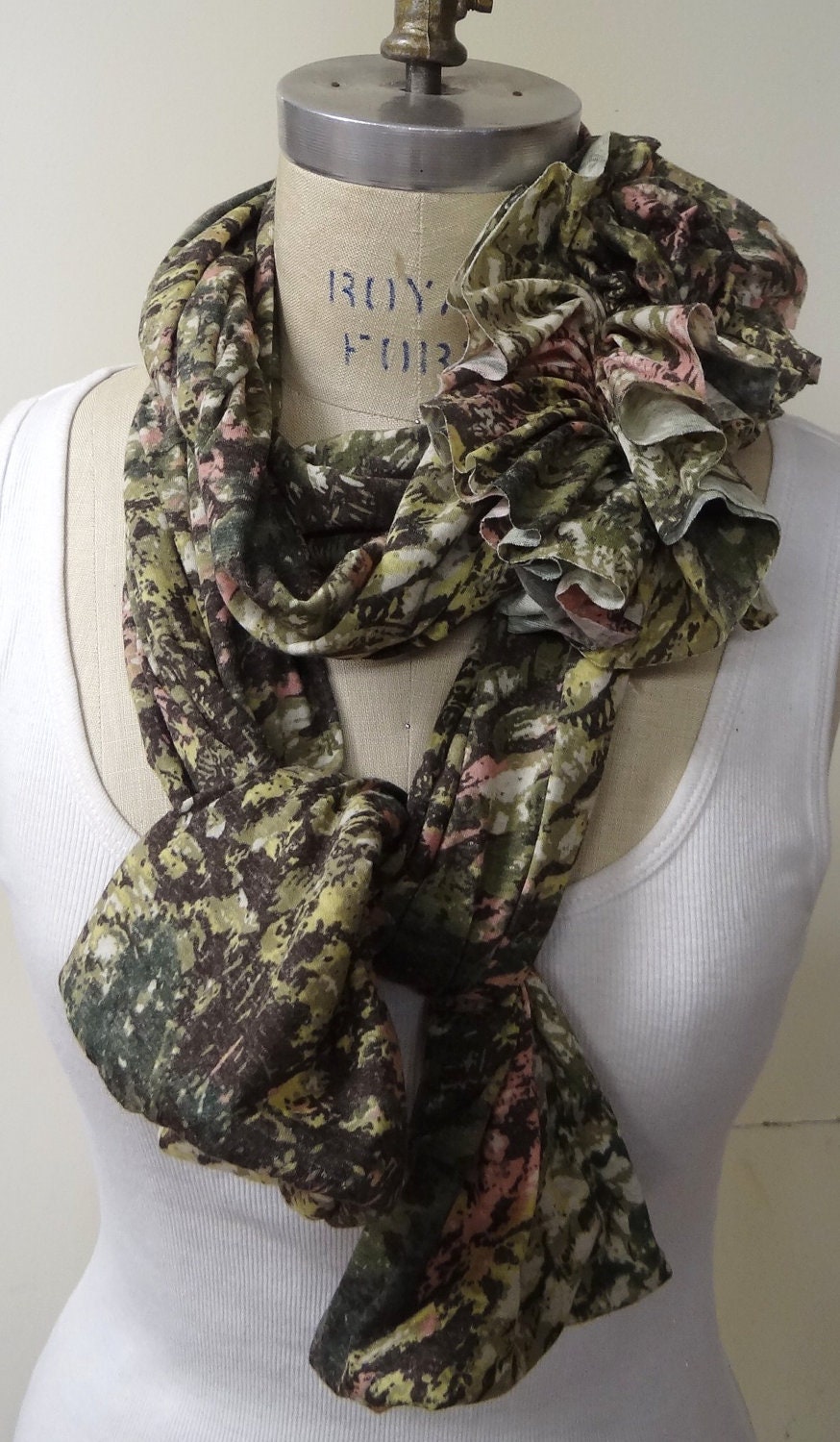 Spring scarf, Green scarf, jersey scarf, ruffled scarf