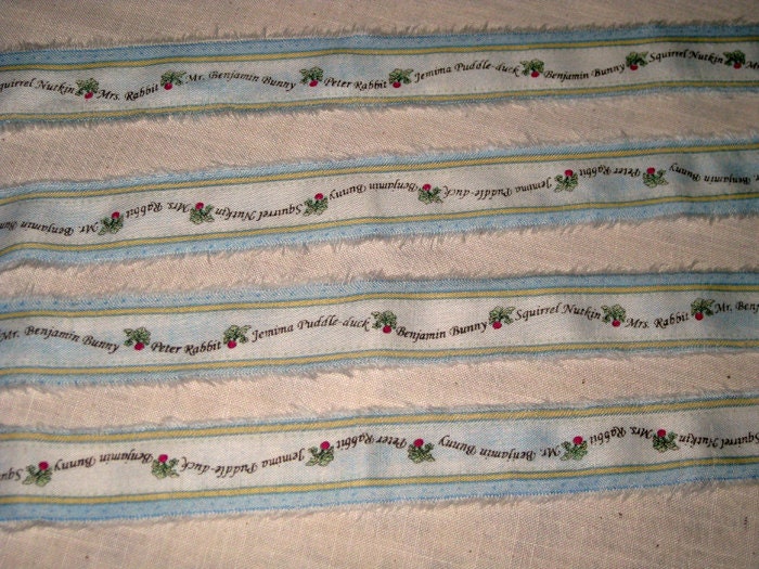 Spring Easter Peter Rabbit Hand Distressed and Hand Stamped Fringed Ribbon Twill Rabbit005 ECS
