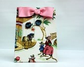 Magnetic Photo Holder, Free Standing, Magnet Message Board, Cream pink burgundy blue animal fair print fabric, Pink Bow, blue button magnets