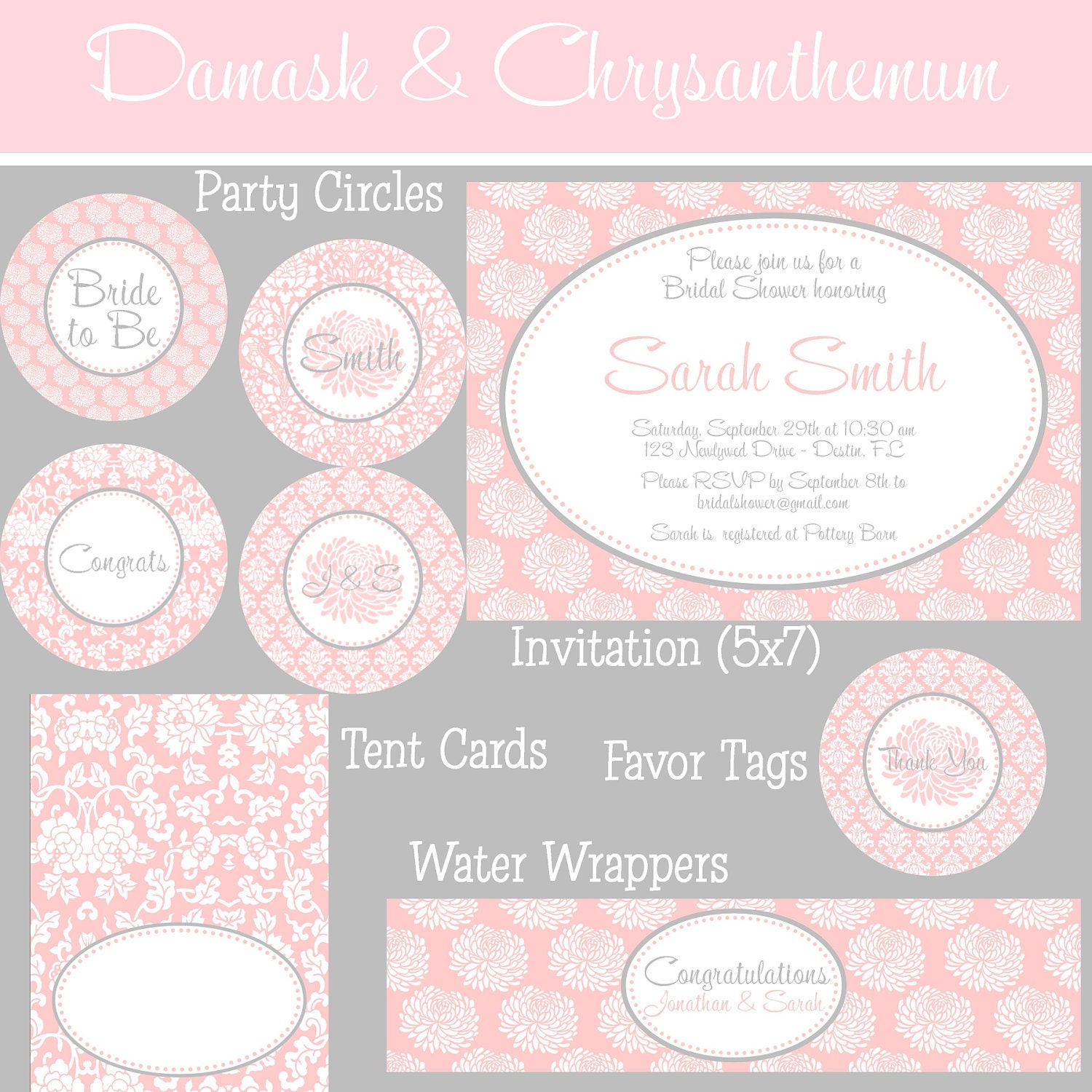 Chrysanthemum and Damask Pink & Gray Bridal Shower Party Package - PRINTABLE Il_170x135