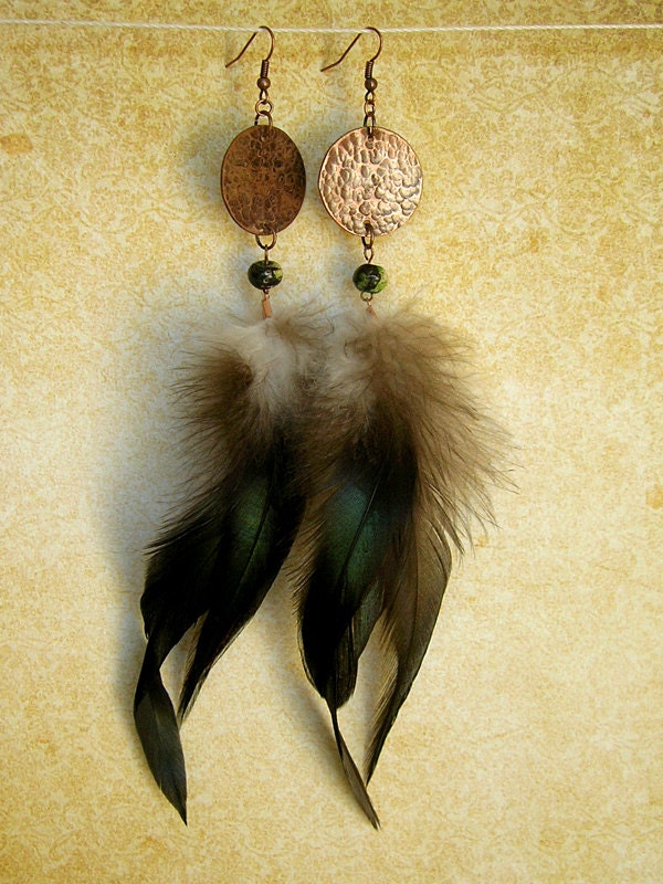 Textured Copper, Green Bead & Black Feather Earrings