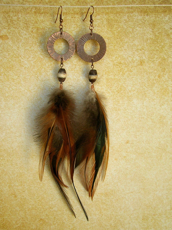Line Textured Copper Hoop, Brown and White Bead & Black and Brown Feather Earrings