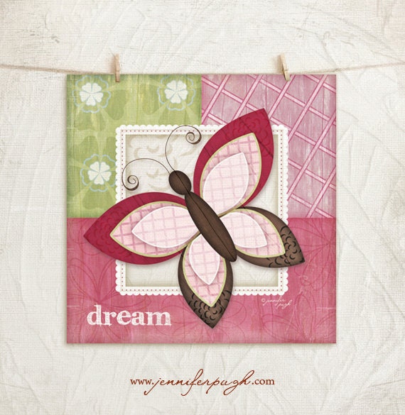 Nursery Decor - Whimsical Butterfly - Dream 12x12 Art Print - Pink Green and Brown