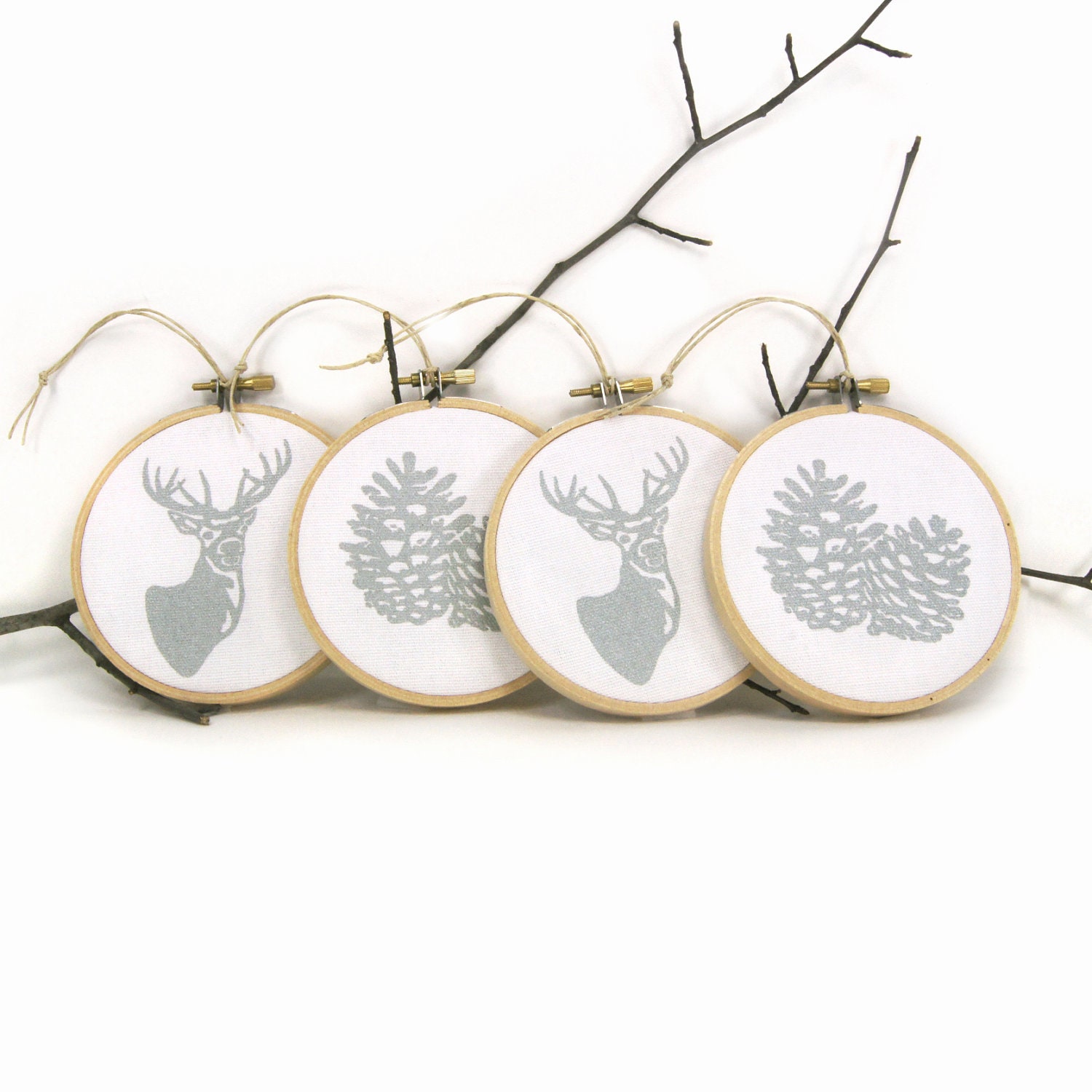 Silver and white Christmas Ornaments with deer and pinecone - Holiday home decor, Christmas decorations, Embroidery hoop ornaments set of 4 - ClassicByNature