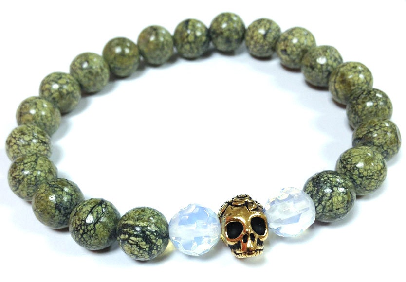 Sage Green Frog Lizard Skin Jasper Opalite gemstones Beaded Bracelet  Skull Bead Rose Design for MEN