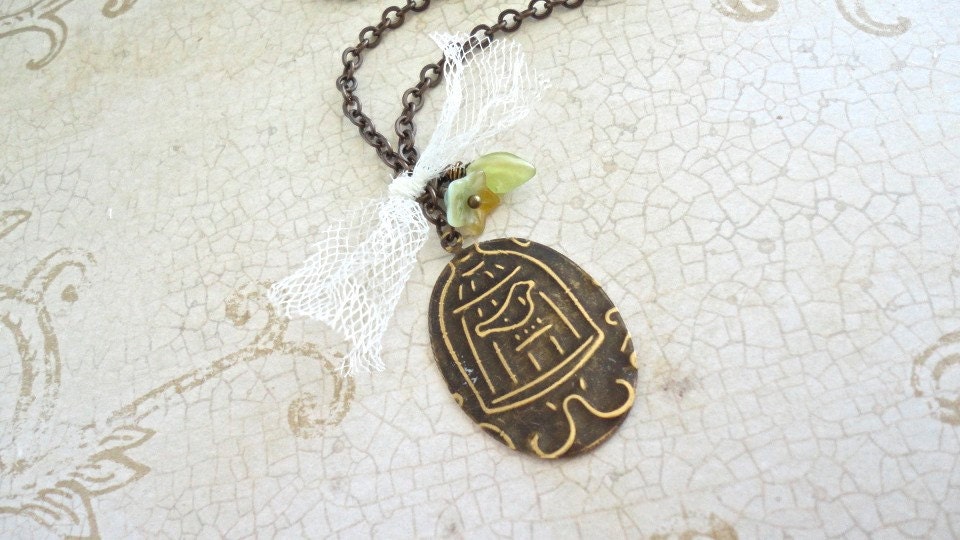 Bird Cage Etched Brass Pendant Glass Flower and Leaf Beads Necklace