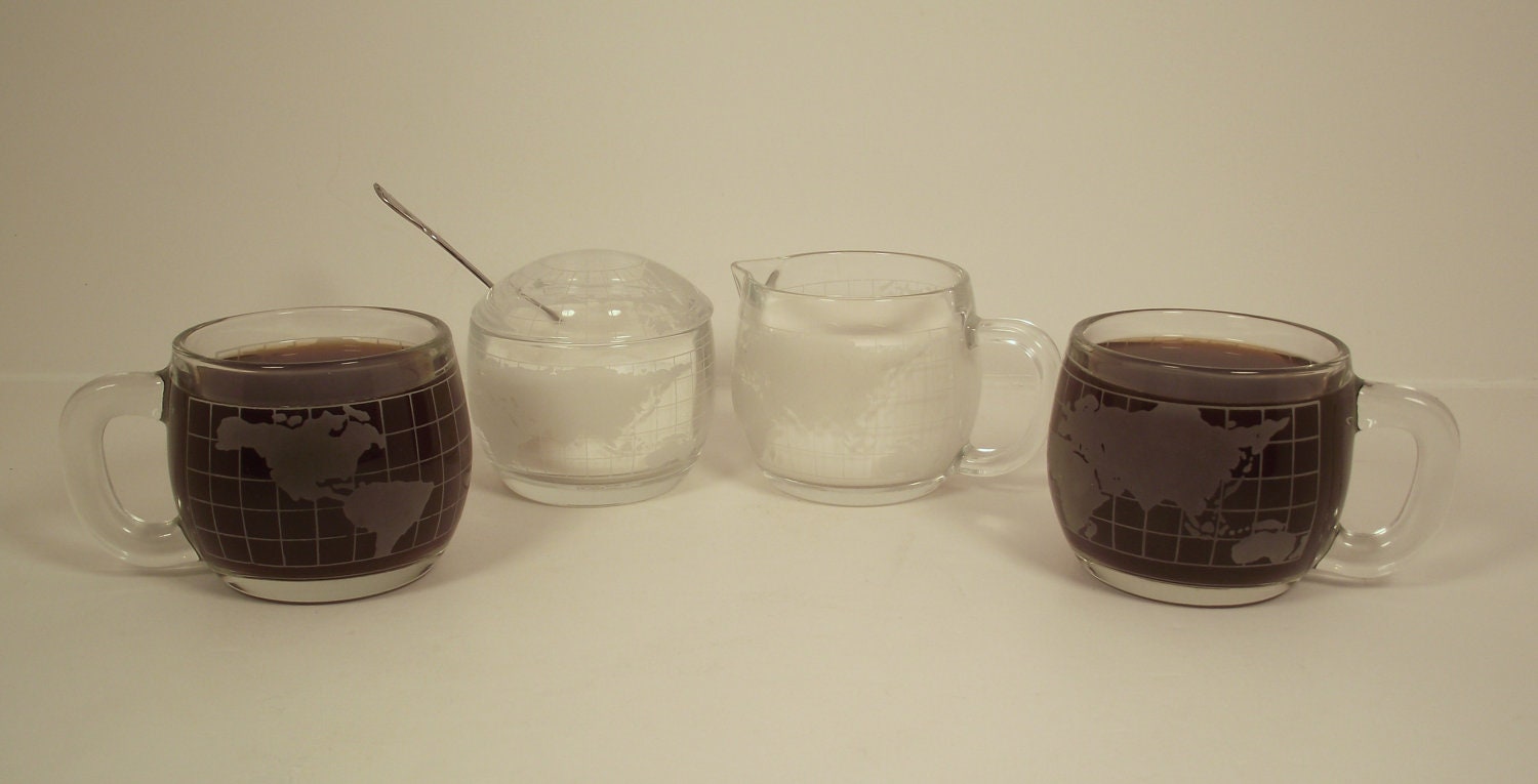 Mid Century Modern 1970s Vintage Nestle Nescafe Creamer and Sugar Bowl With LID and 2 Coffee Cups with Frosted Globe Design Nice