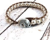 Boho Little Elephant Beige Pearls on Brown Leather Wrap Bracelet/ Free Shipping/ Lucky Girl/ Urban Modern Boho Chic