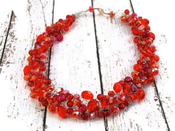 For Chandra: Wire Crochet Necklace Red Glass on Silver Wire with Matching Earrings/ Rainbow Wedding