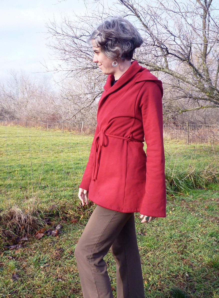 Organic Women's Clothing - Wrap Hoodie -Organic Cotton Fleece - Shown in Cranberry - Made to Order
