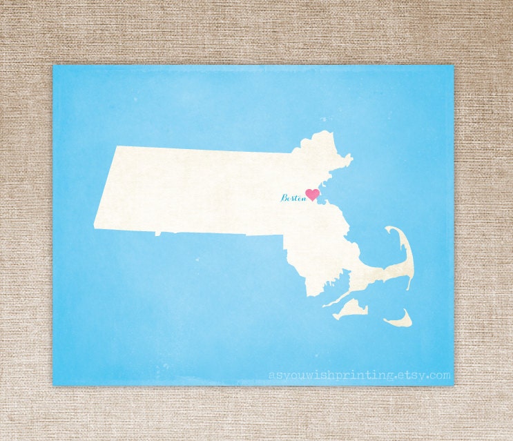 Customized Massachusetts 8 x 10 State Art Print, State Map, Heart, Silhouette, Aged-Look Print