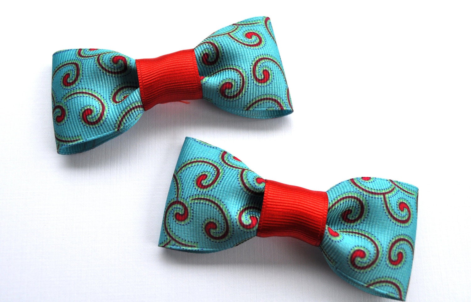 2 Hairbows - teal and red swirl - 4 inch - headband decor - hair supplies - embellishment - baby - girl - teen - women - TweetLoveByLTE