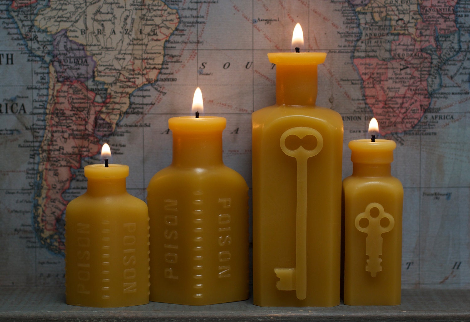 Beeswax Candle Collection - antique bottle-shaped - "Locked-In Lovers - Two Keys & Two Poison" - by Pollen Arts -
