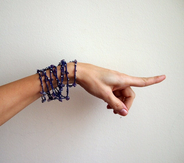 Necklace/lariat/wrap/bracelet - cotton thread purple semi preciouse amethyst Bead stone beads - crochet chain jewelry