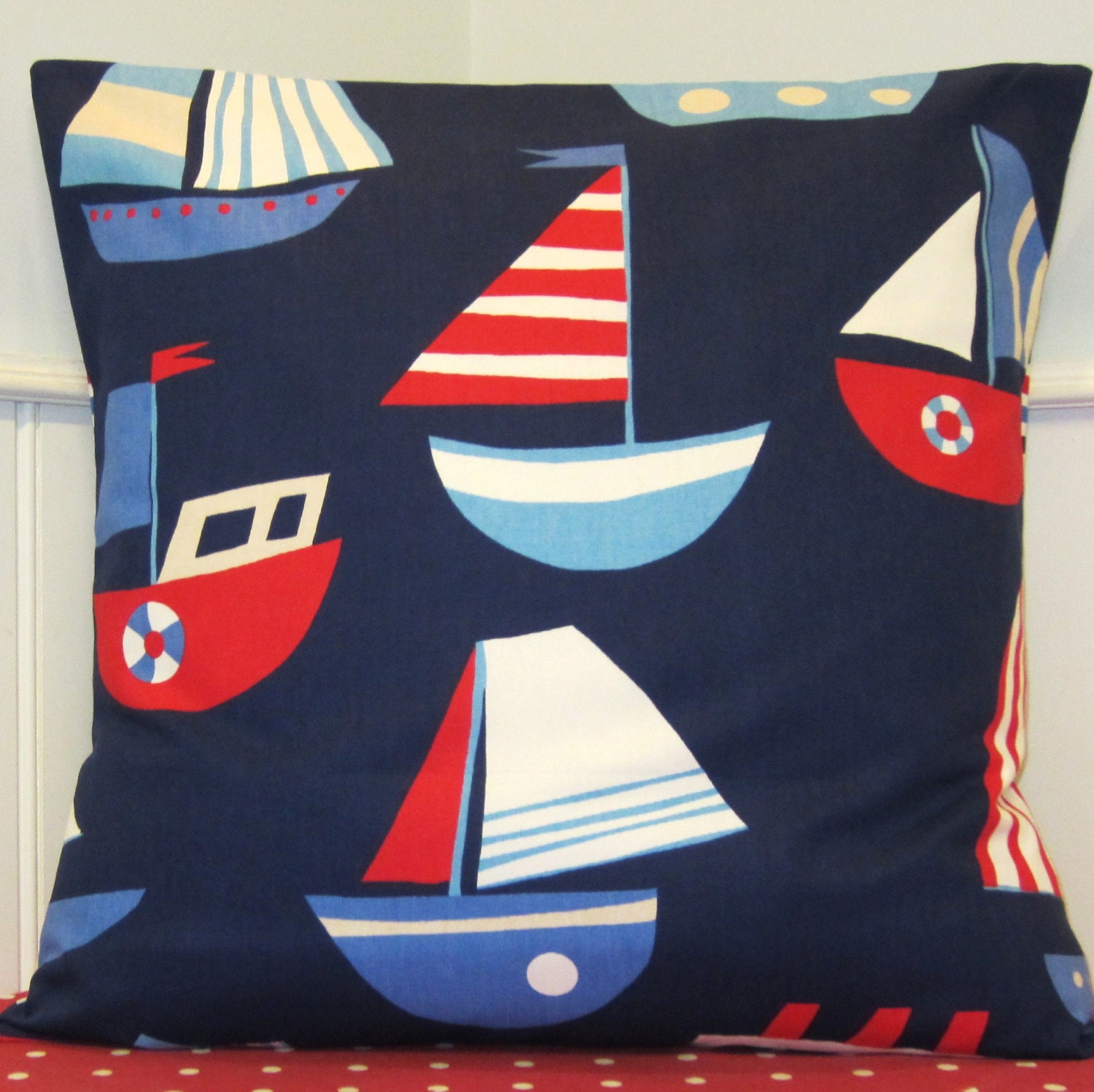 Pillow Cushion Cover Large  24 x 24"   Kids Children's Nursery Nautical Navy Blue with Red  Boats Striped  Back