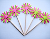24 Lime Green Hot Pink Daisy Party Picks - Cupcake Toppers - Toothpicks - Food Picks - die cut punch FP298
