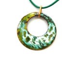 Enamel necklace, enamelled copper pendant, handmade copper bail, leather thong