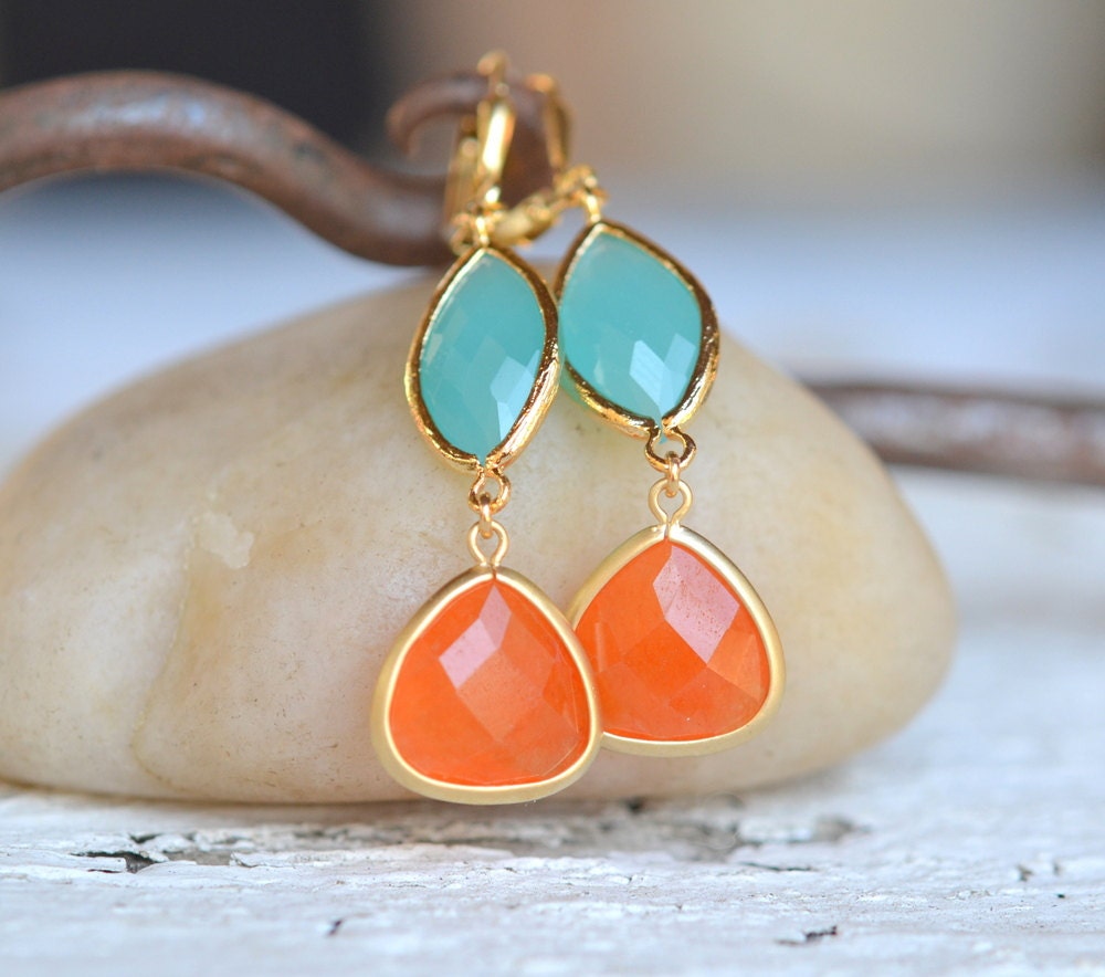 Burnt Orange Teardrop and Turquoise Oval Dangle Earrings. Fall Fashion Earrings. Tangerine Orange Earrings. Free Shipping.