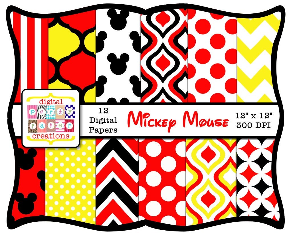 Digital Paper Pack - Mickey Mouse Ears Quatrefoil Ogee Dots Digital Scrapbook Paper INSTANT DOWNLOAD Il_170x135