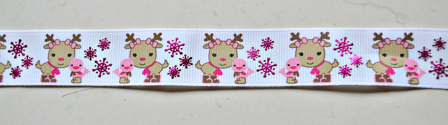 Reindeers and snow boots on white 7/8" grosgrain ribbon Christmas Il_170x135