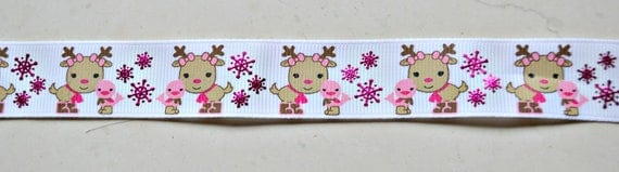 Reindeers and snow boots on white 7/8" grosgrain ribbon Christmas Il_570xn